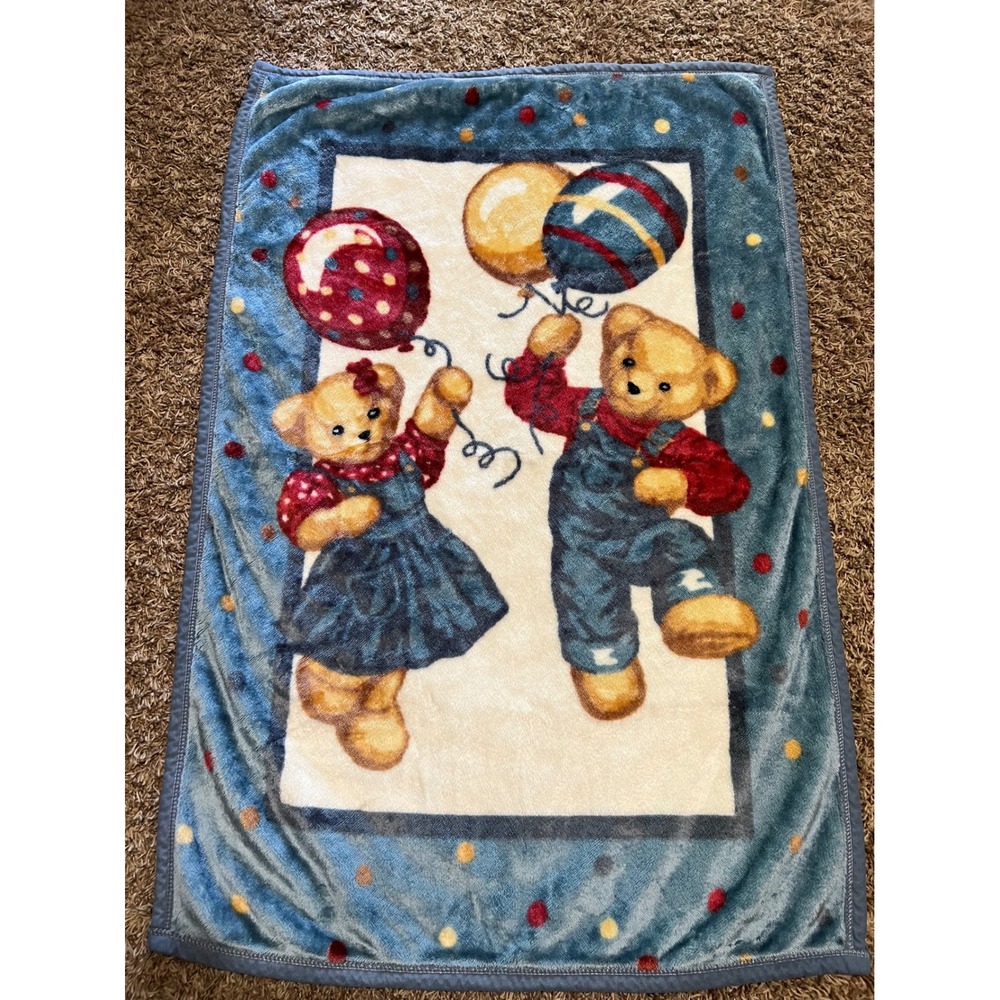 Vintage Blue Jean Teddys Fleece Baby Blanket Bears Balloons Boy Girl EXCELENT!